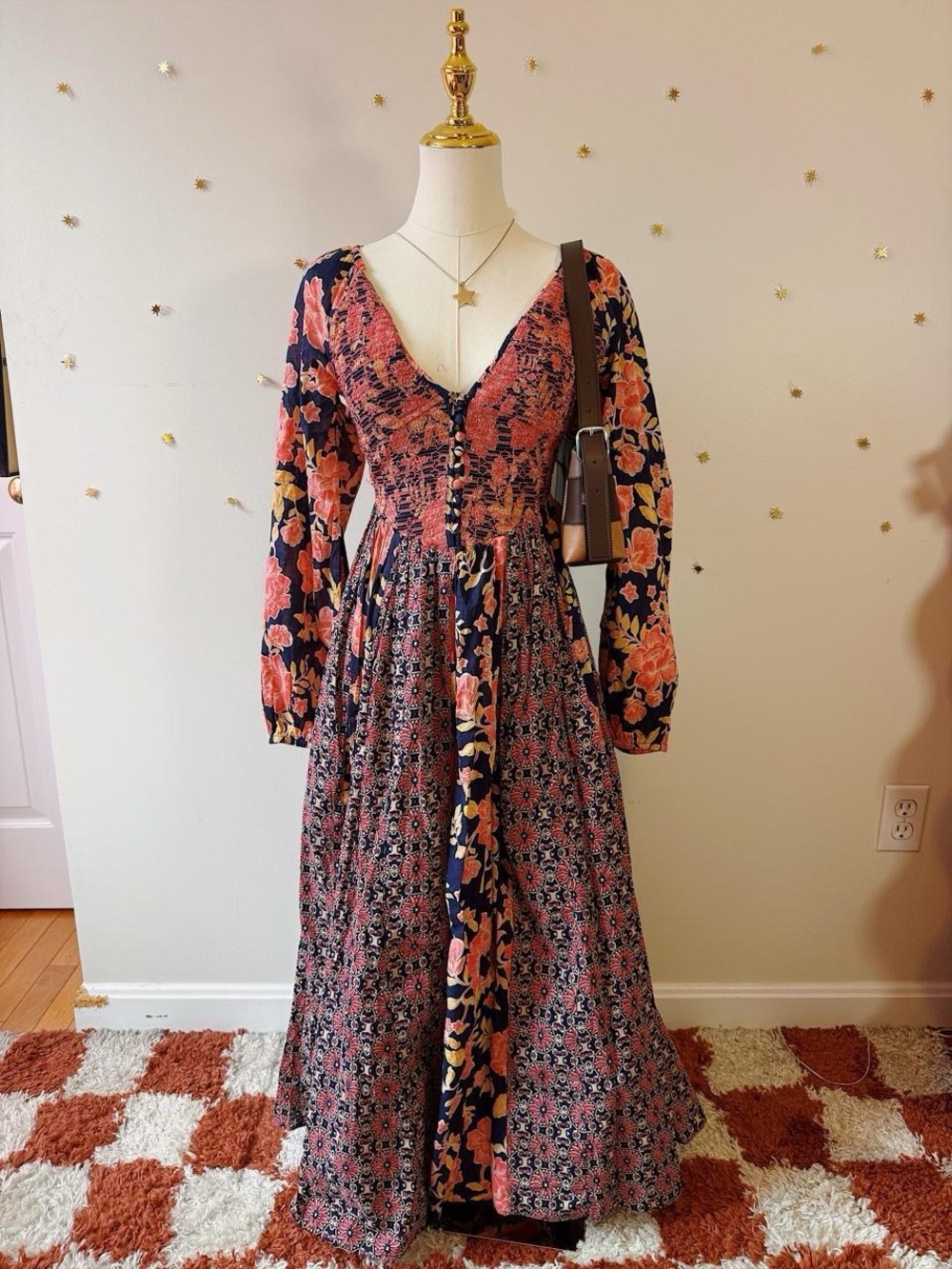 Free People Navy and Coral Floral V-Neck Maxi Dress